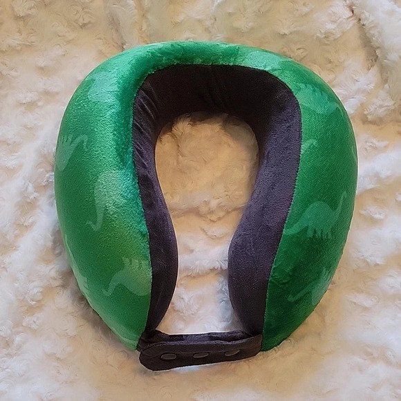 Neck pillow with dinosaurs green with snap button closure adult size travel - Picture 1 of 9